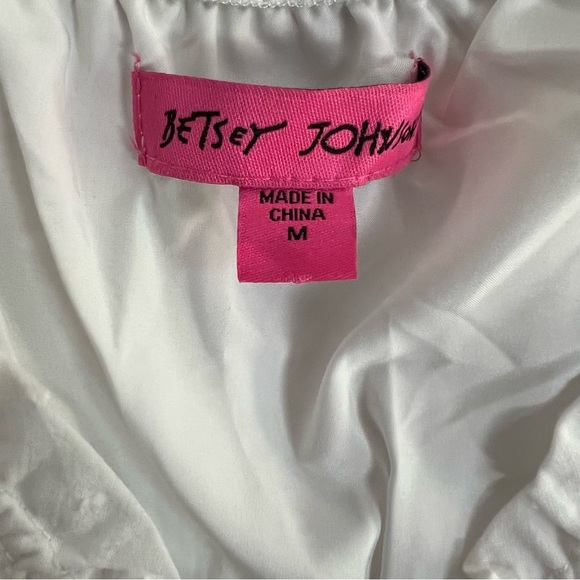 Betsey Johnson White Maxi Dress SZ M Swiss Dot Smocked Waist Boho Ruffle Cottage - Picture 5 of 11